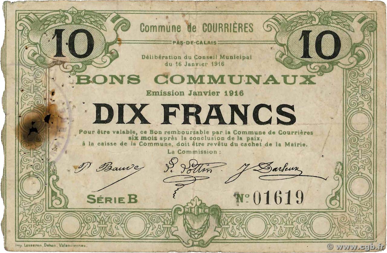 10 Francs FRANCE regionalism and various Courrieres 1916 JP.62-0336 F