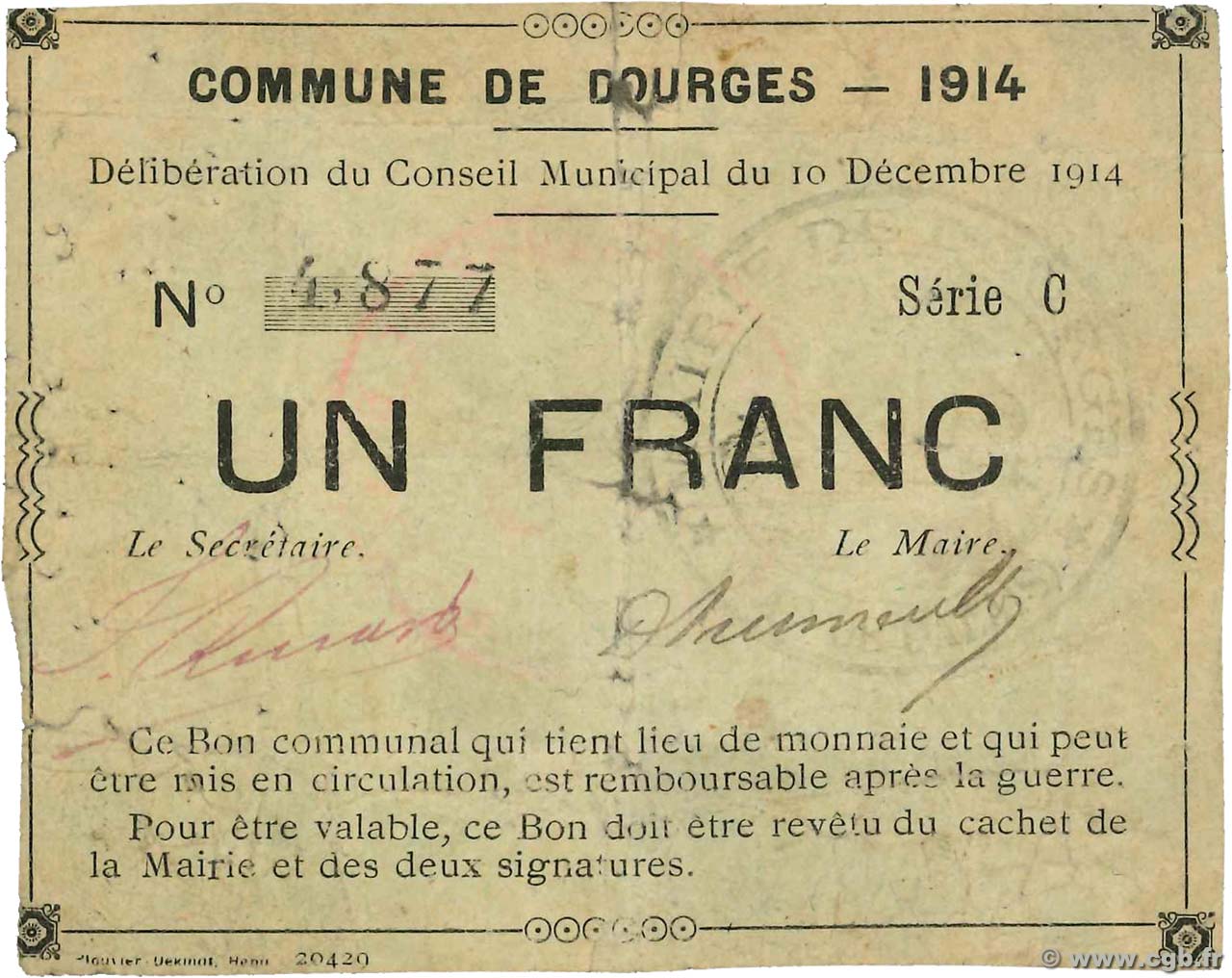 1 Franc FRANCE regionalism and miscellaneous Dourges 1914 JP.62-0360 F