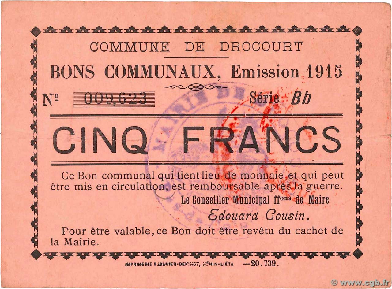 5 Francs FRANCE régionalisme et divers Drocourt 1915 JP.62-0461 SUP