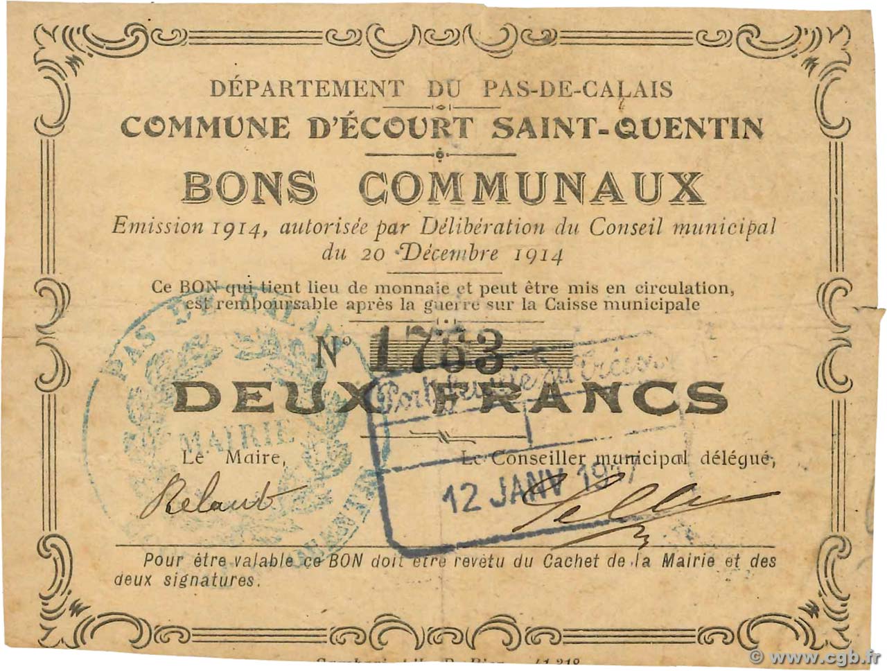 2 Francs FRANCE régionalisme et divers Ecourt Saint-Quentin 1914 JP.62-0504 TB
