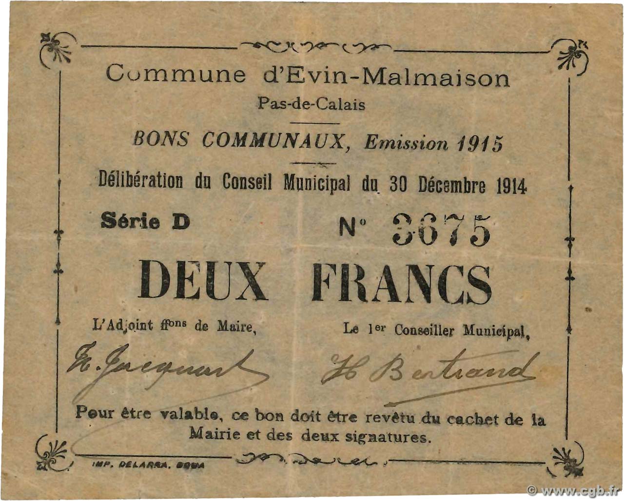 2 Francs FRANCE régionalisme et divers Evin-Malmaison 1914 JP.62-0570 SUP