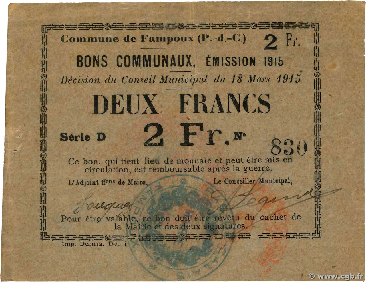 2 Francs FRANCE Regionalismus und verschiedenen Fampoux 1915 JP.62-0587 SS