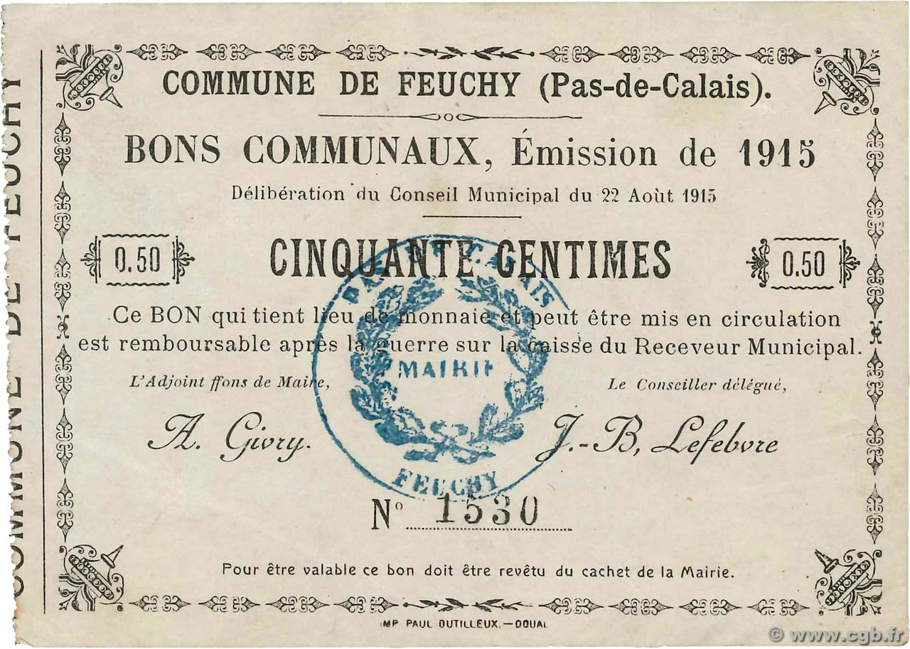 50 Centimes FRANCE regionalismo e varie Feuchy 1915 JP.62-0598 SPL