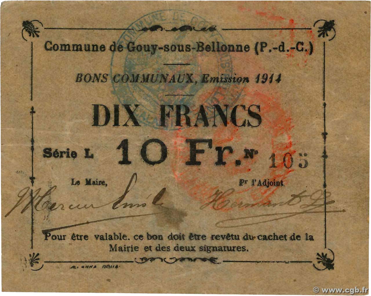 10 Francs FRANCE regionalismo e varie Gouy-Sous-Bellonne 1914 JP.62-0628 SPL