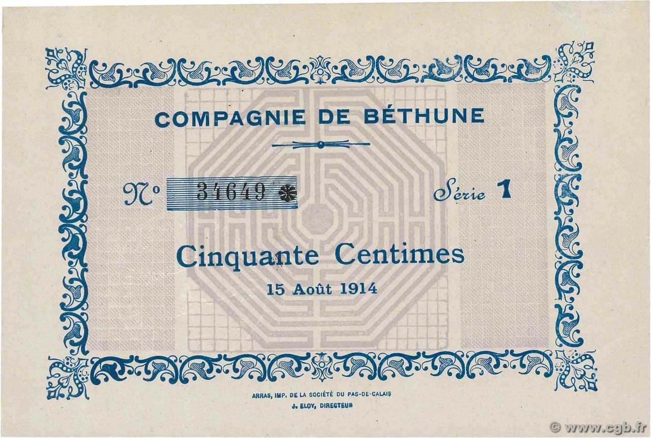 50 Centimes FRANCE Regionalismus und verschiedenen Bethune 1914 JP.62-0633 fST