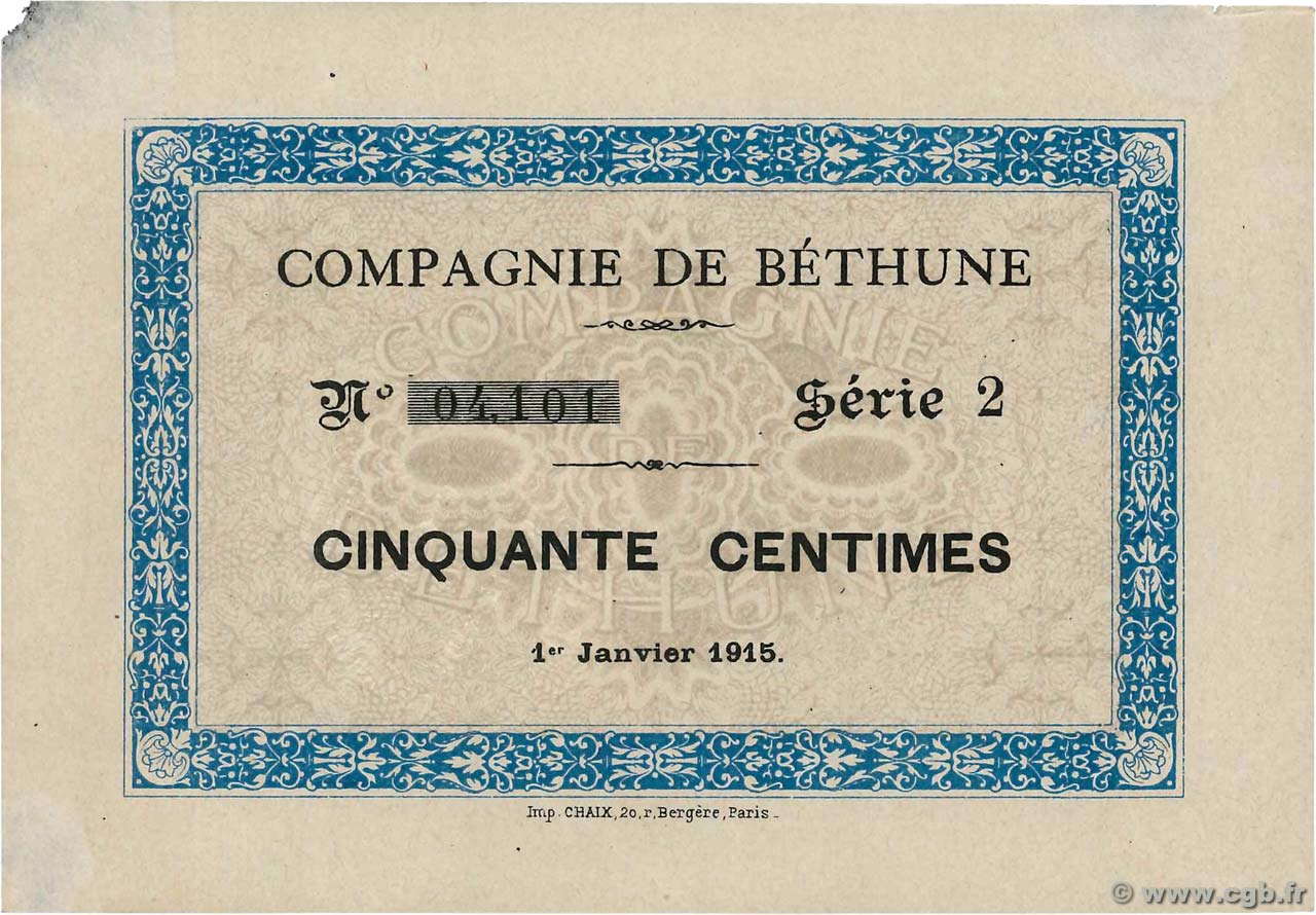 50 Centimes FRANCE regionalism and various Bethune 1915 JP.62-0637 XF