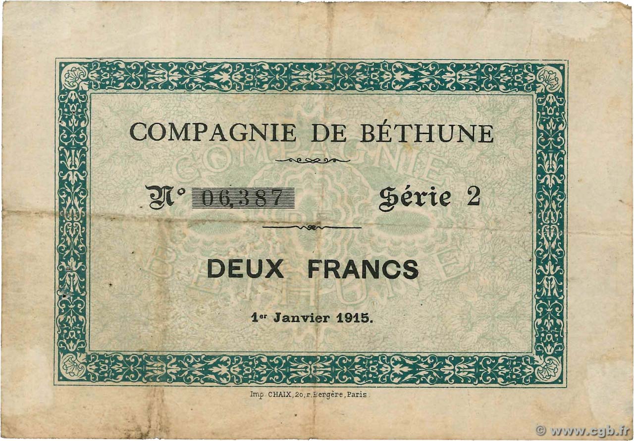 2 Francs FRANCE Regionalismus und verschiedenen Bethune 1915 JP.62-0639 S