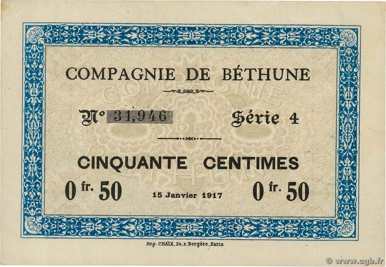 50 Centimes FRANCE regionalismo e varie Bethune 1917 JP.62-0647 SPL