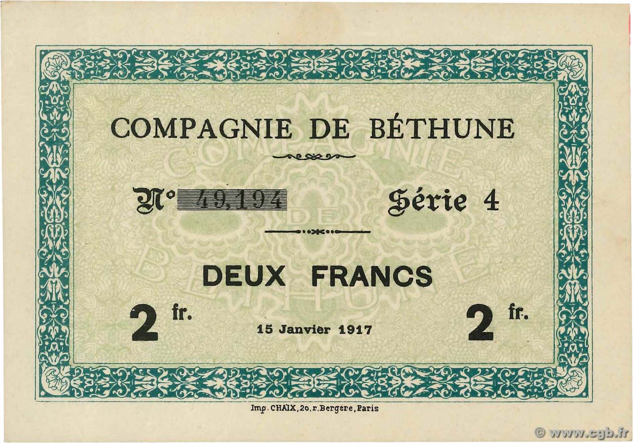 2 Francs Numéro radar FRANCE regionalism and various Bethune 1917 JP.62-0650 XF