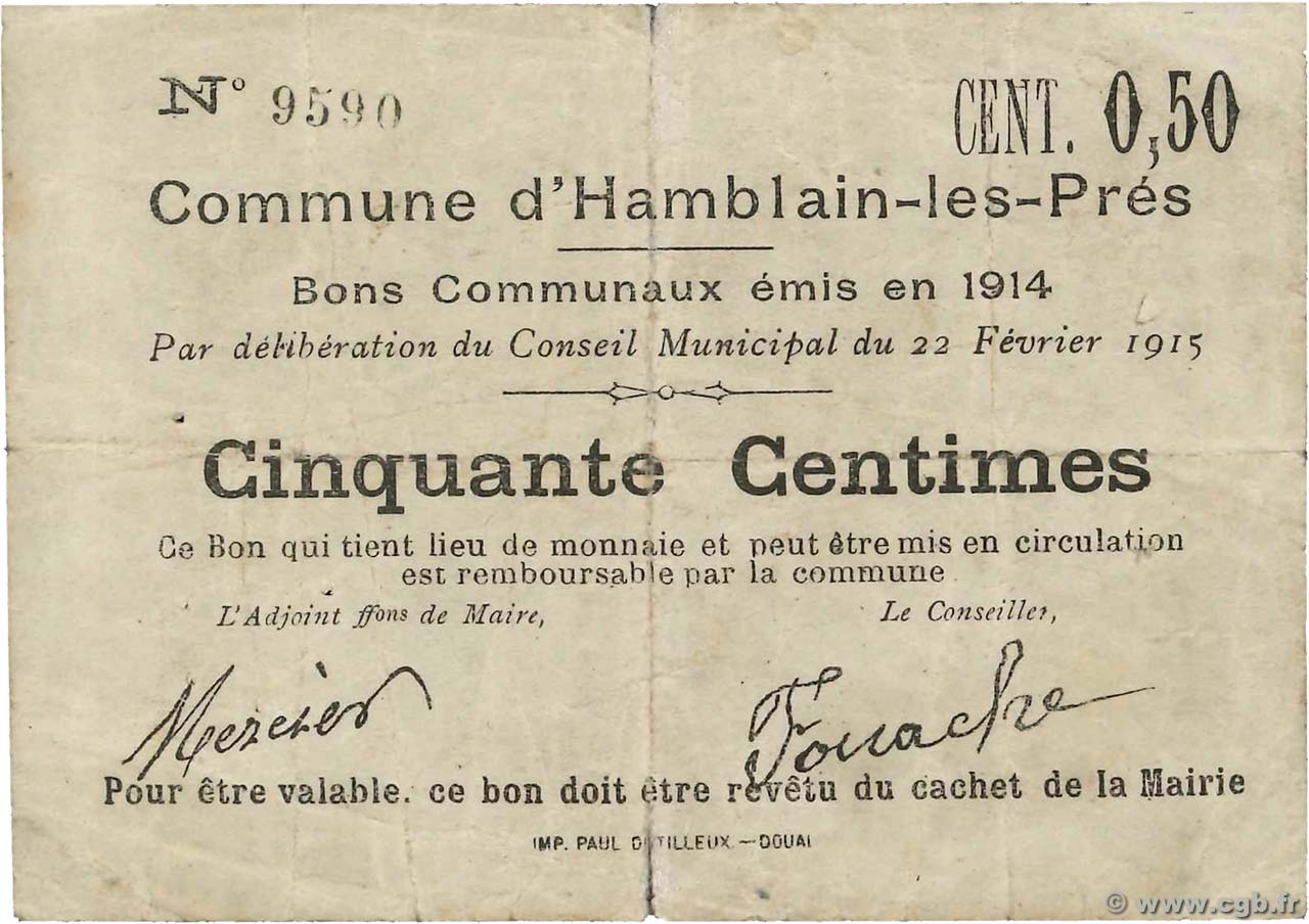 50 Centimes FRANCE régionalisme et divers Hamblain-Les-Pres 1915 JP.62-0663 TB