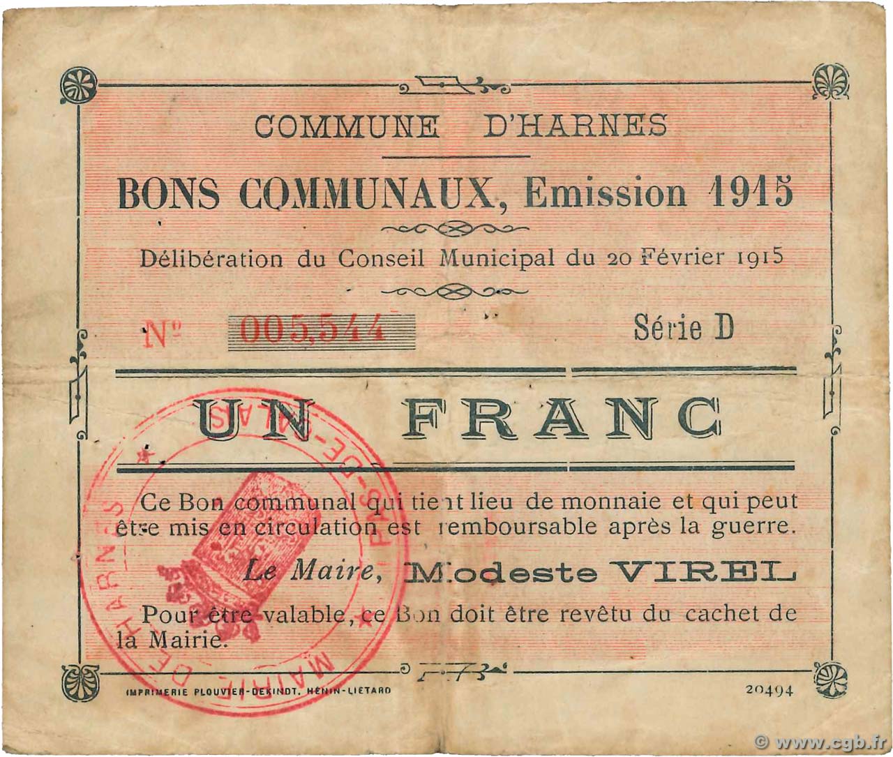 1 Franc FRANCE regionalismo y varios Harnes 1915 JP.62-0674 MBC