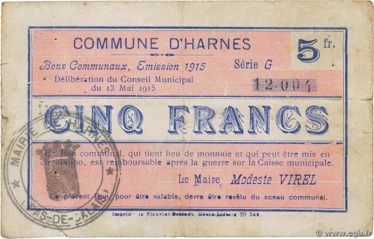 5 Francs FRANCE régionalisme et divers Harnes 1915 JP.62-0680 TTB
