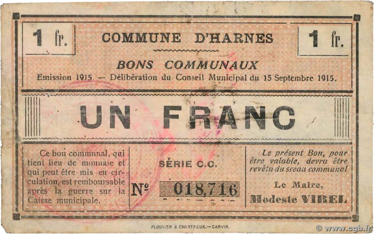 1 Franc FRANCE régionalisme et divers Harnes 1915 JP.62-0683 TTB