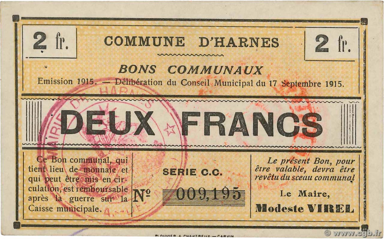 2 Francs FRANCE regionalismo y varios Harnes 1915 JP.62-0690 EBC