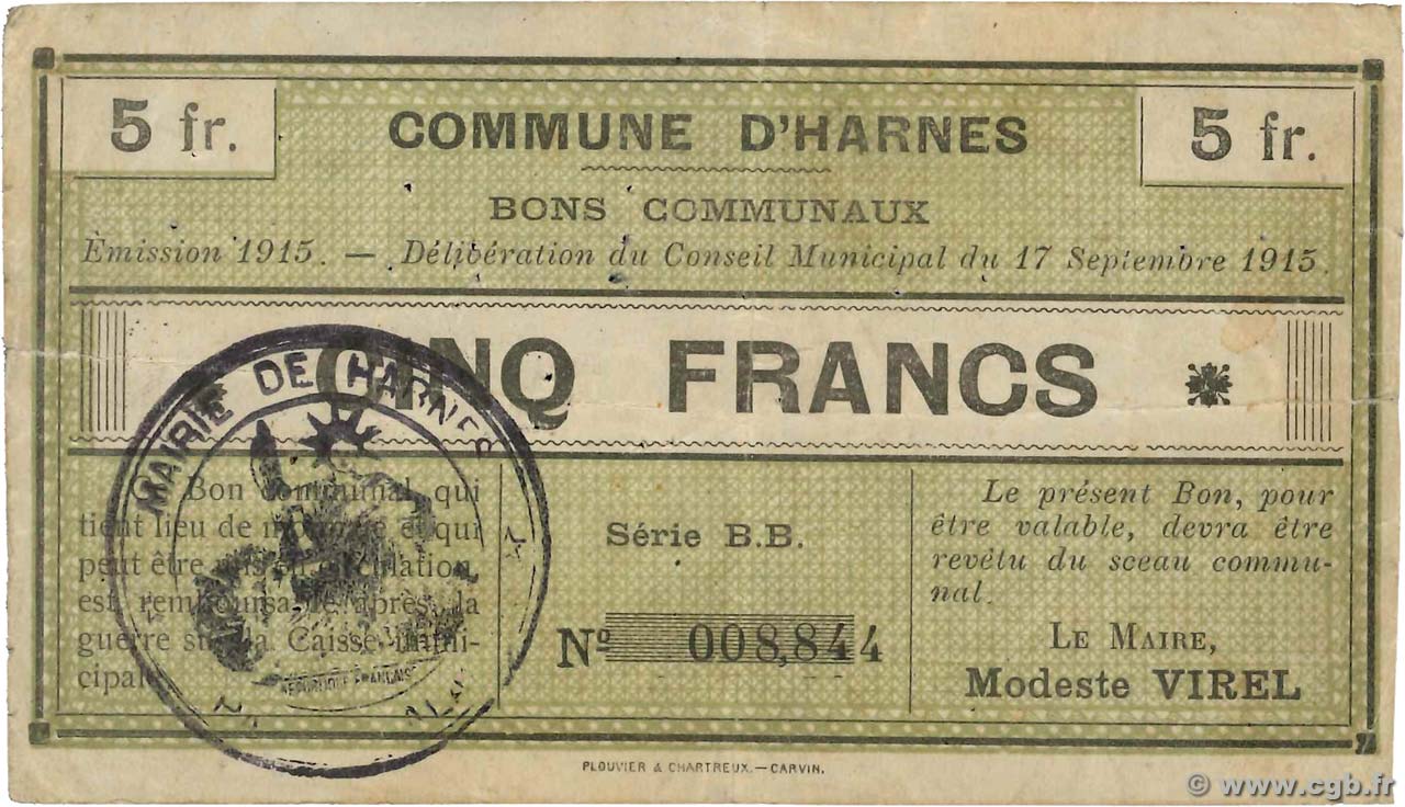 5 Francs FRANCE regionalismo y varios Harnes 1915 JP.62-0691 MBC