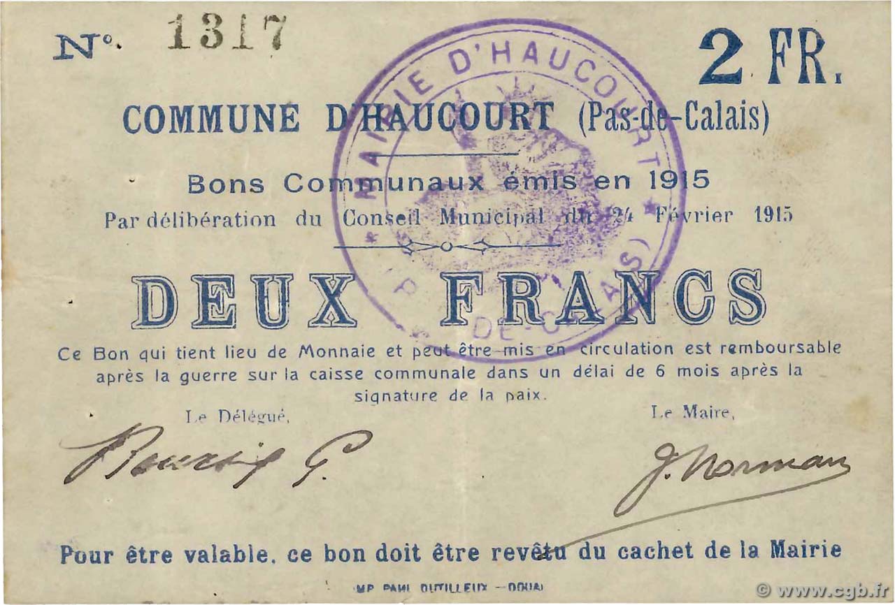 2 Francs FRANCE regionalism and various Haucourt 1915 JP.62-0700 XF