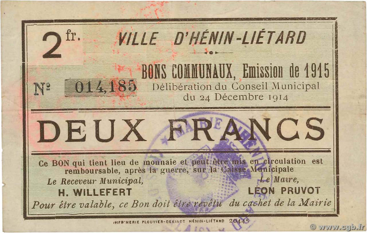2 Francs FRANCE Regionalismus und verschiedenen Henin-Lietard 1914 JP.62-0718 VZ