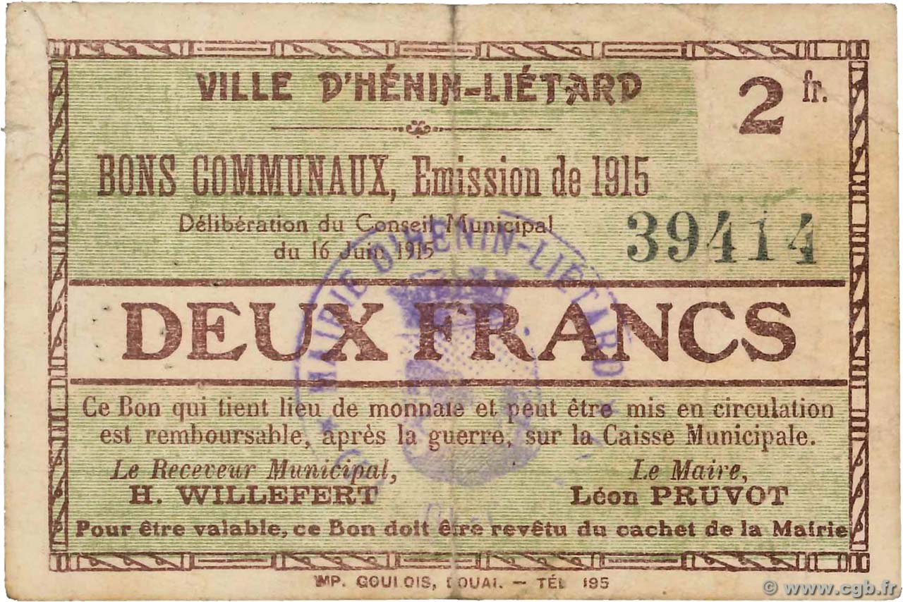 2 Francs FRANCE regionalism and various Henin-Lietard 1915 JP.62-0731 F