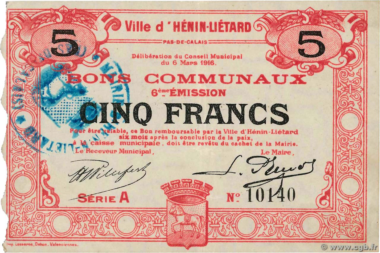 5 Francs FRANCE régionalisme et divers Henin-Lietard 1916 JP.62-0740 SPL