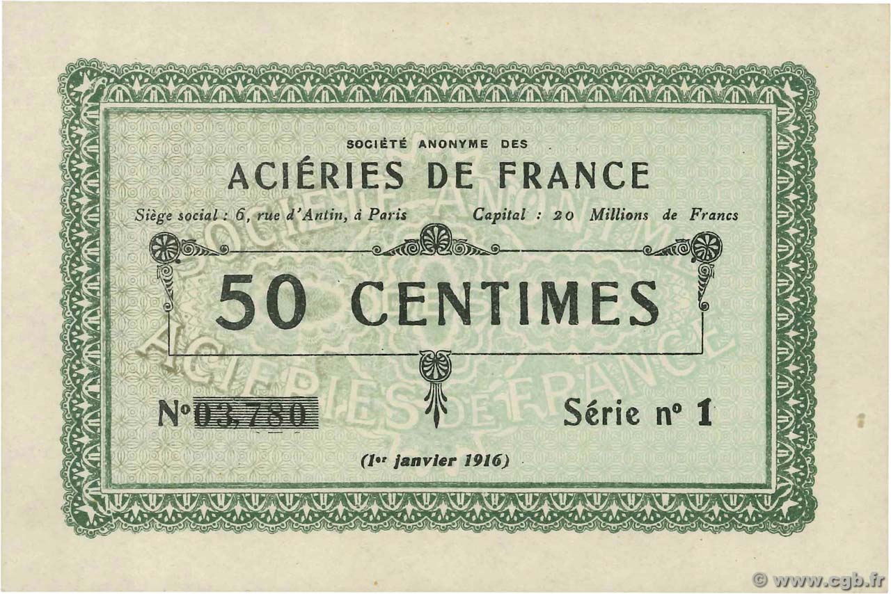 50 Centimes FRANCE regionalism and various Isbergues 1916 JP.62-0748 AU
