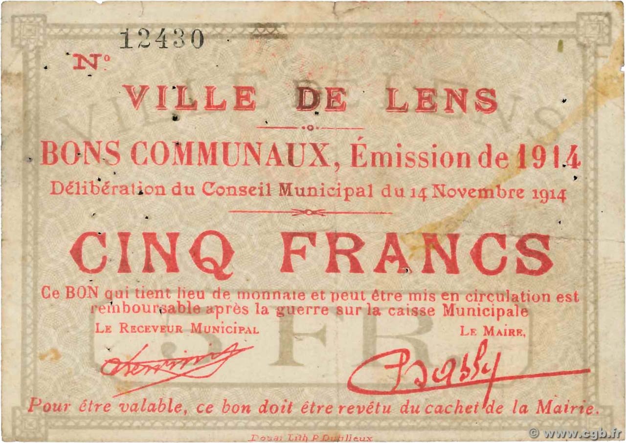 5 Francs FRANCE regionalism and various Lens 1914 JP.62-0799 VF