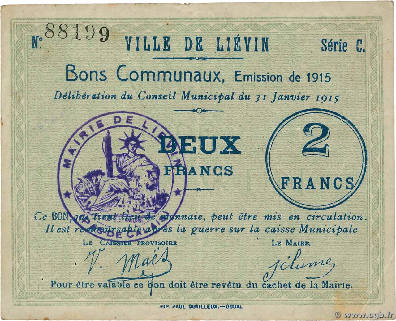 2 Francs FRANCE régionalisme et divers Lievin 1915 JP.62-0807 TTB
