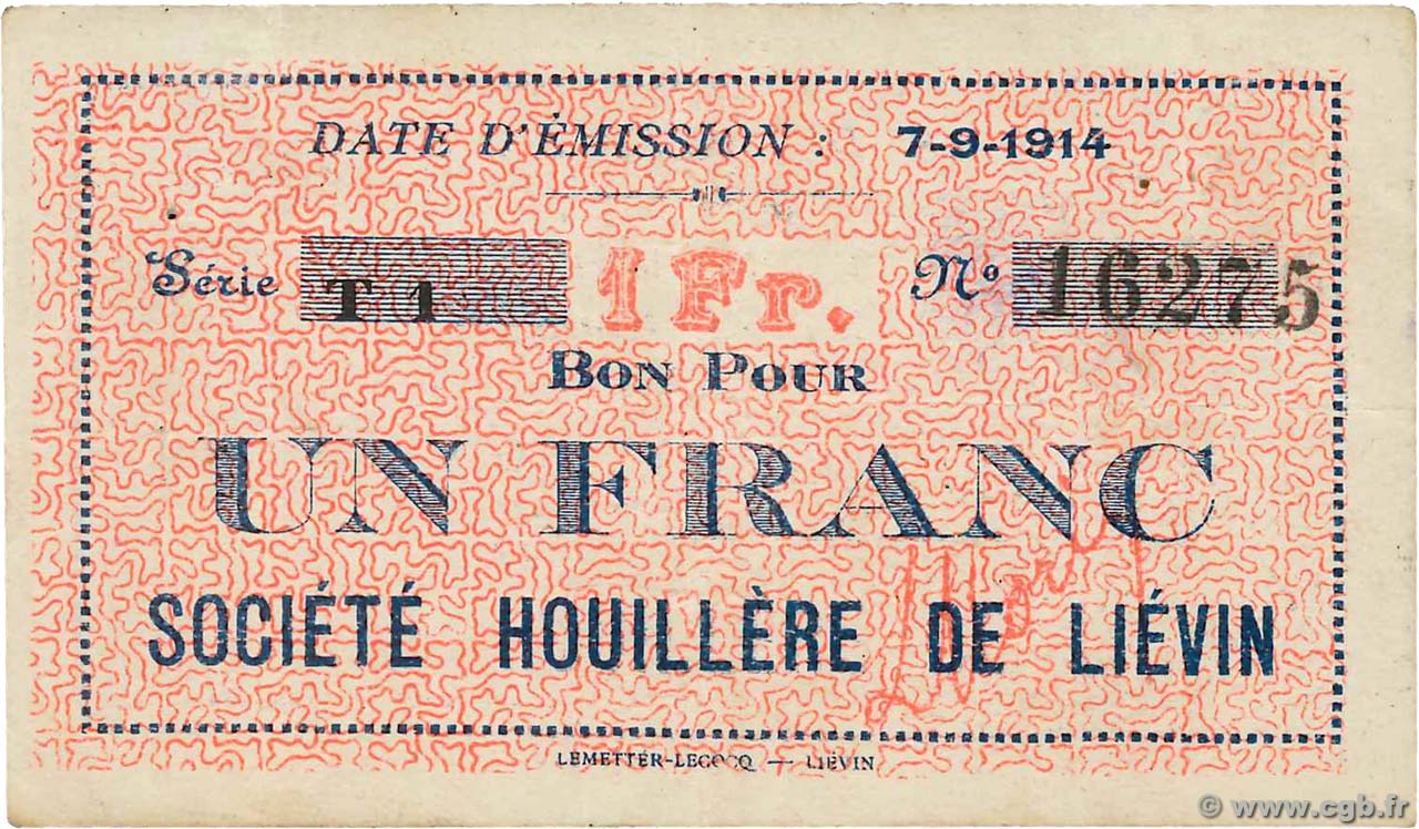 1 Franc FRANCE regionalism and various Lievin 1914 JP.62-0824 XF