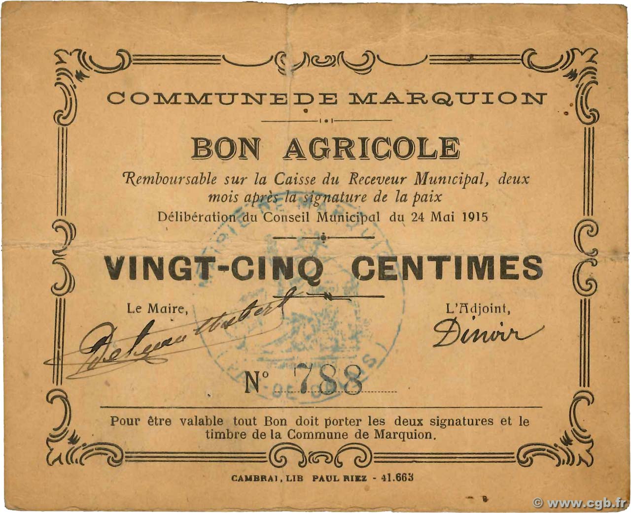 25 Centimes FRANCE regionalism and miscellaneous Marquion 1915 JP.62-0829 VF