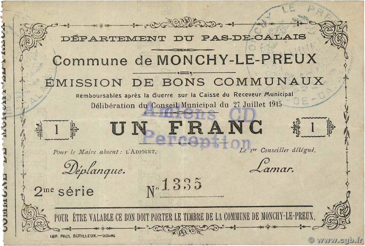 1 Franc FRANCE régionalisme et divers Monchy-Le-Preux 1915 JP.62-0907 SUP