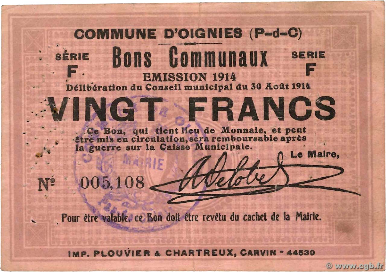 20 Francs FRANCE regionalismo y varios Oignies 1914 JP.62-1059 EBC