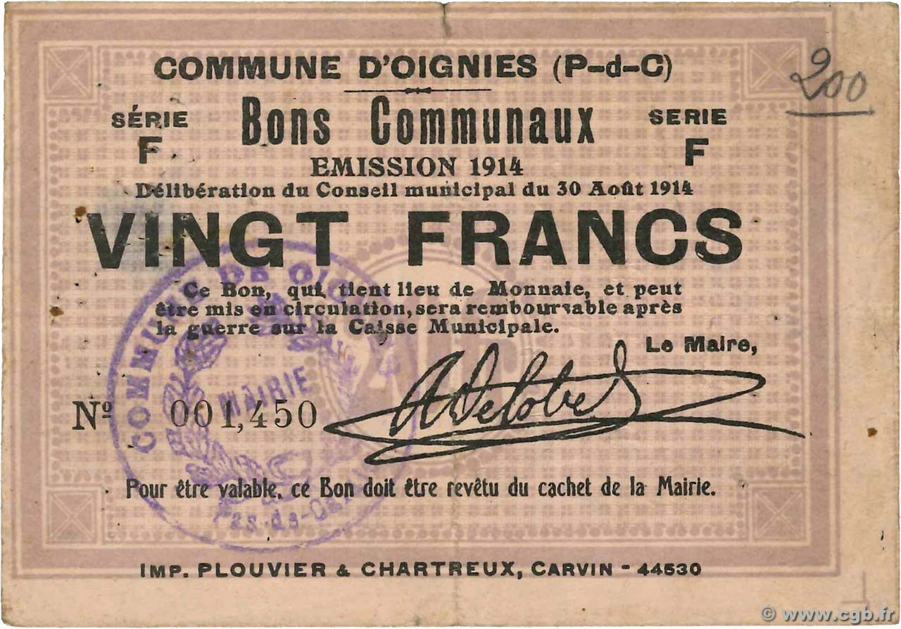 20 Francs FRANCE régionalisme et divers Oignies 1914 JP.62-1059 TTB