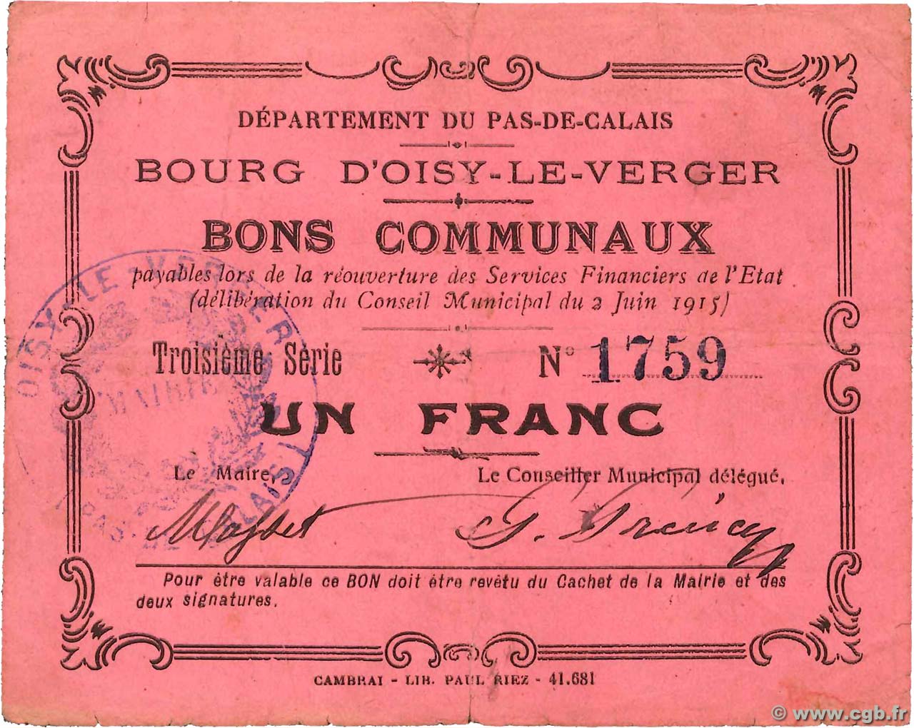 1 Franc FRANCE regionalism and various Oisy-Le-Verger 1915 JP.62-1089 VF