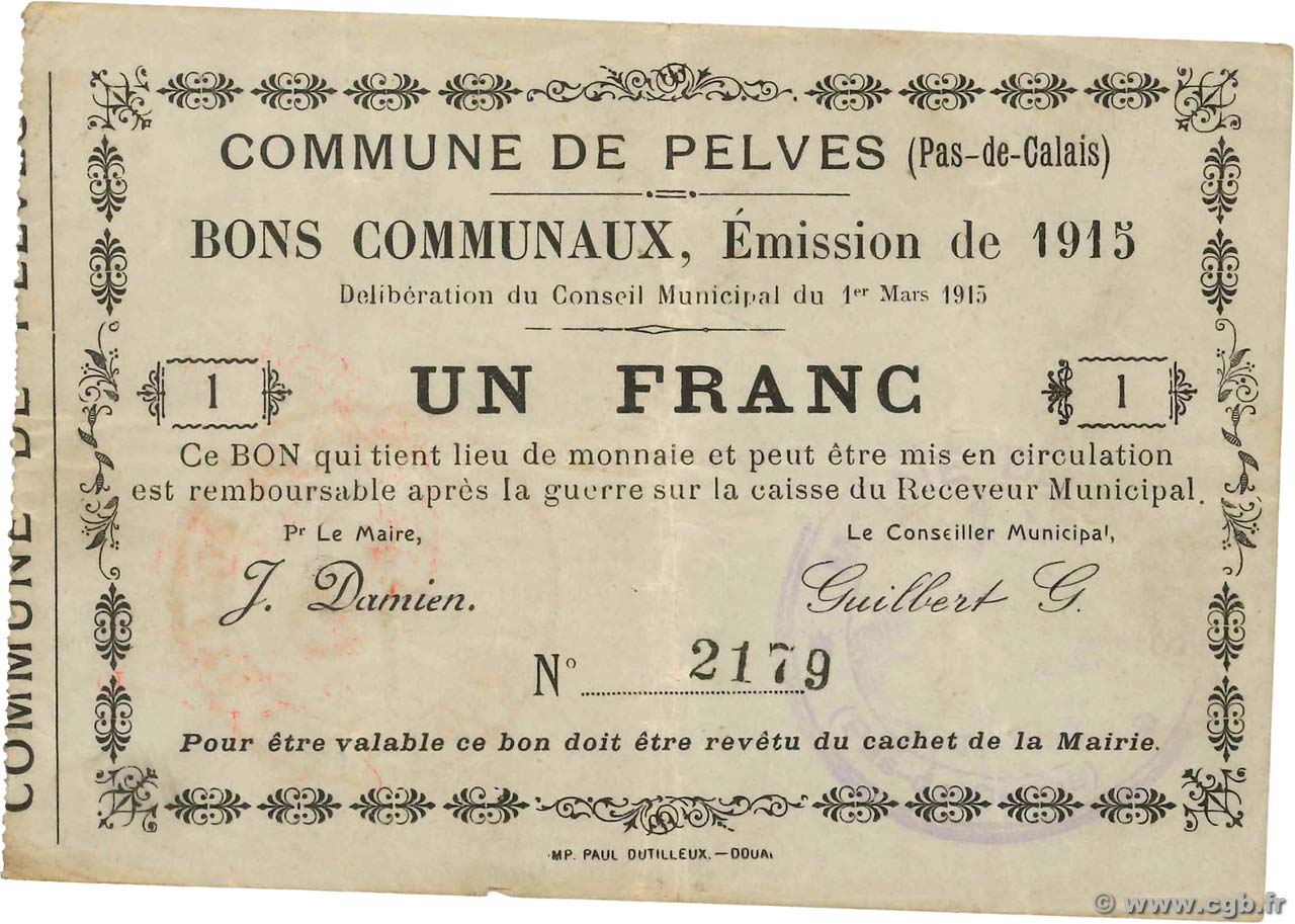 1 Franc FRANCE régionalisme et divers Pelves 1915 JP.62-1114 TTB