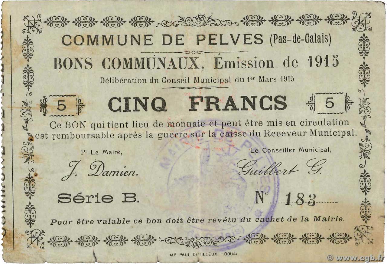 5 Francs FRANCE Regionalismus und verschiedenen Pelves 1915 JP.62-1121 SS