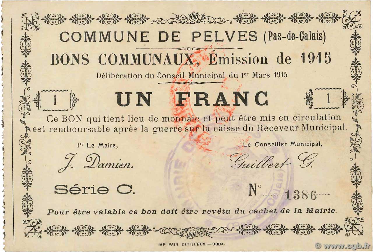 1 Franc FRANCE regionalism and various Pelves 1915 JP.62-1124 VF
