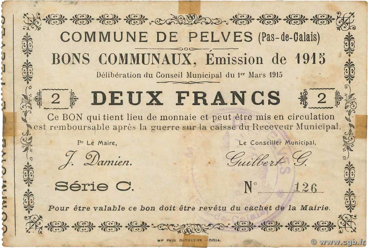 2 Francs FRANCE regionalism and various Pelves 1915 JP.62-1125 F