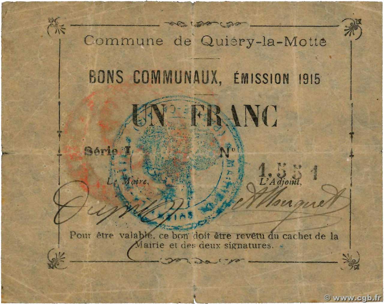 1 Franc FRANCE régionalisme et divers Quiery-La-Motte 1915 JP.62-1152 TTB