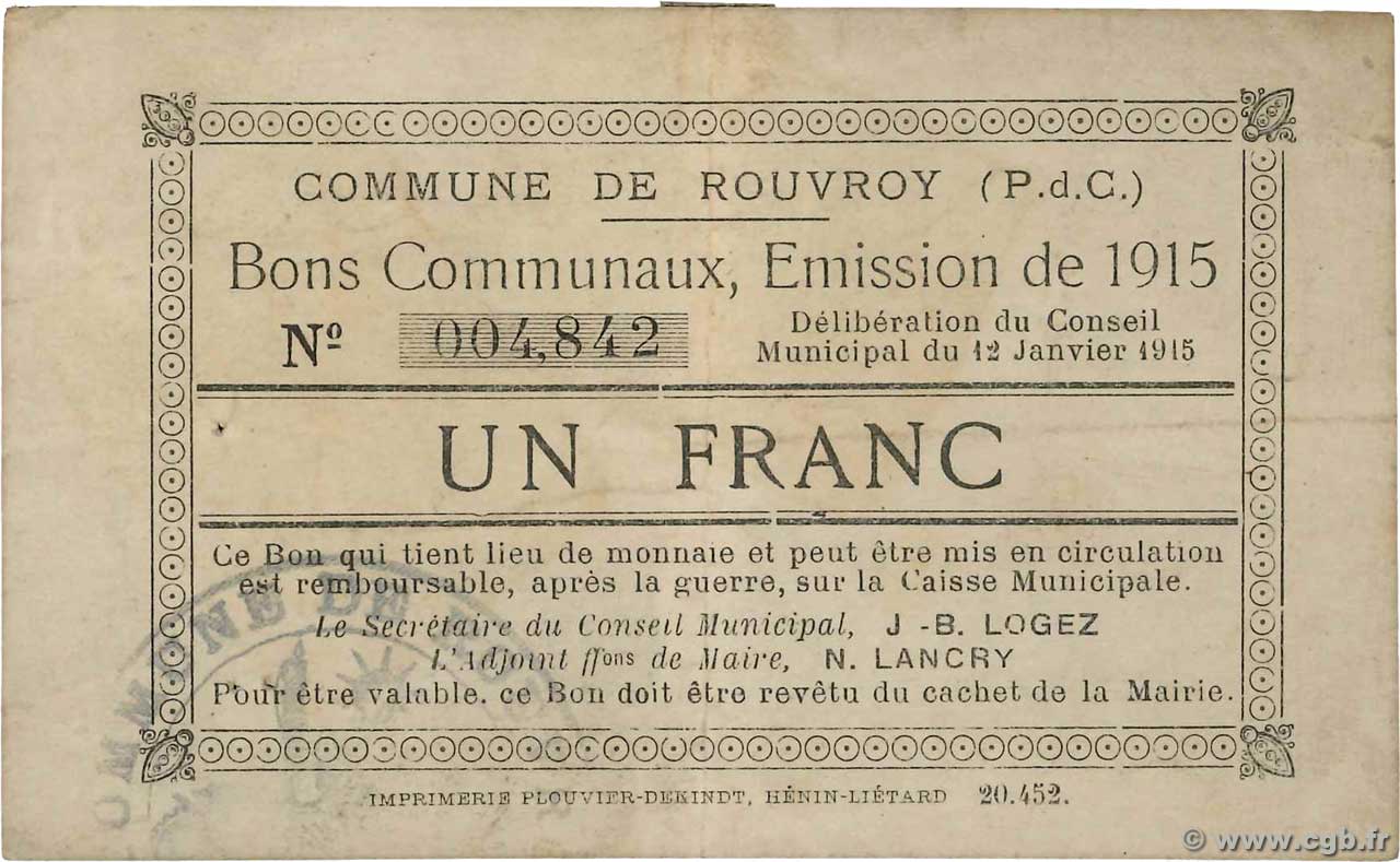 1 Franc FRANCE Regionalismus und verschiedenen Rouvroy 1915 JP.62-1185 SS
