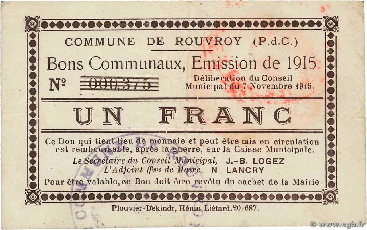 1 Franc FRANCE Regionalismus und verschiedenen Rouvroy 1915 JP.62-1202 SS