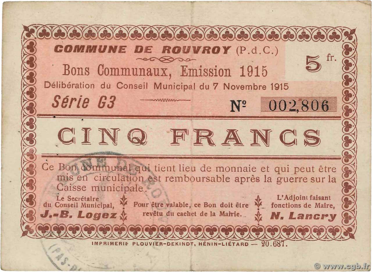5 Francs FRANCE Regionalismus und verschiedenen Rouvroy 1915 JP.62-1203 VZ