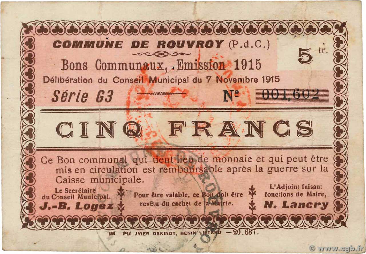 5 Francs FRANCE régionalisme et divers Rouvroy 1915 JP.62-1203 TTB