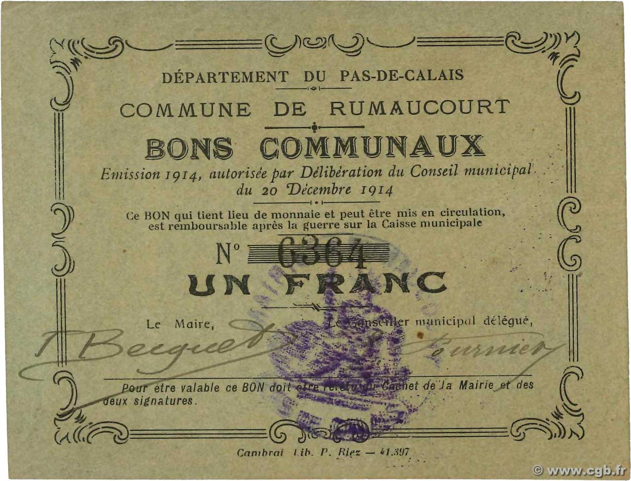 1 Franc FRANCE régionalisme et divers Rumaucourt 1914 JP.62-1211 SPL