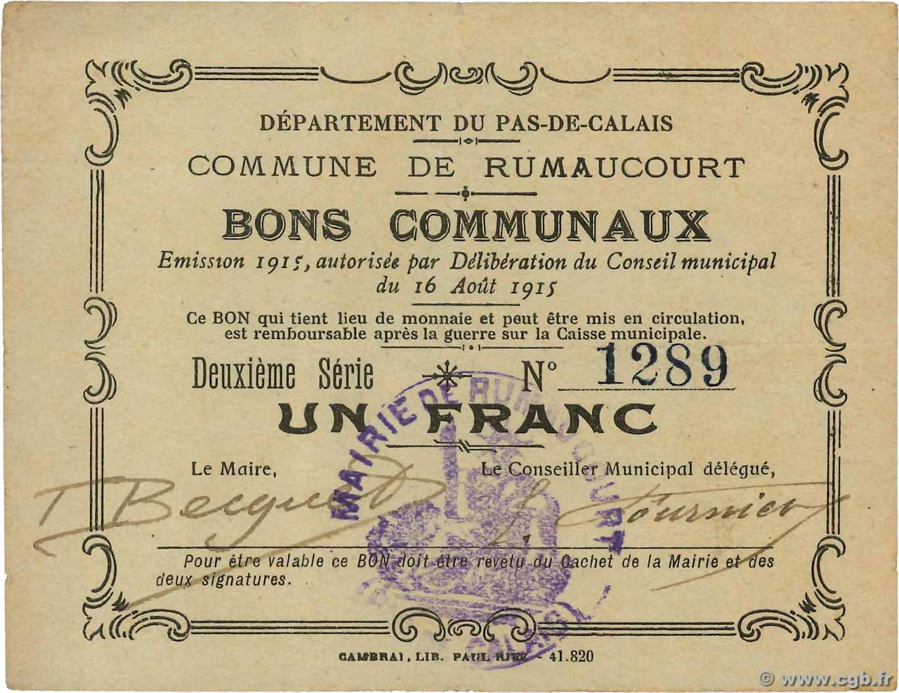 1 Franc FRANCE regionalism and various Rumaucourt 1915 JP.62-1216 VF