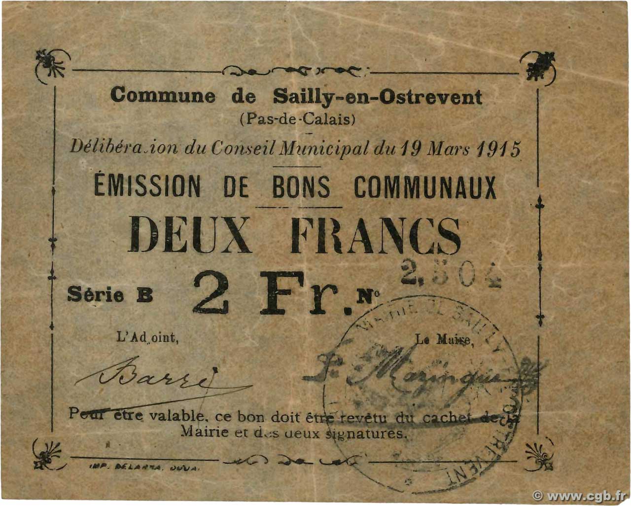 2 Francs FRANCE régionalisme et divers Sailly-En-Ostrevent 1915 JP.62-1223 SUP