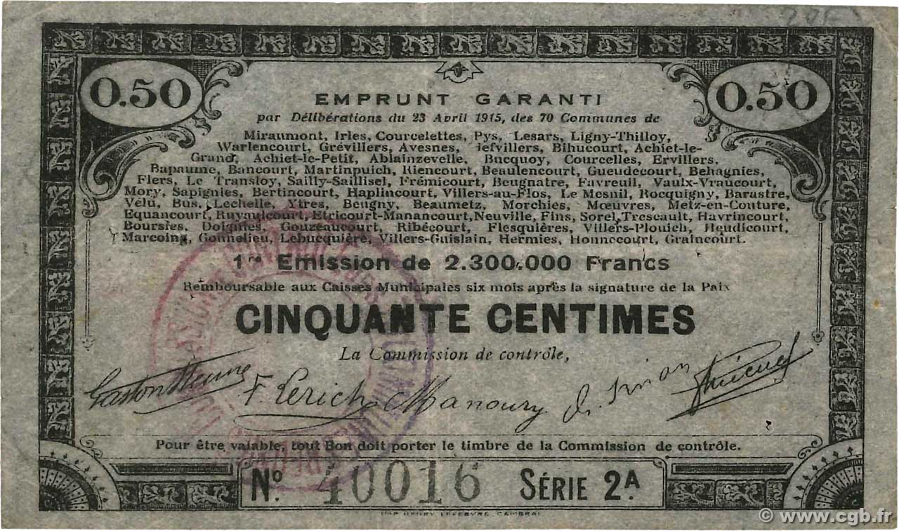50 Centimes FRANCE régionalisme et divers 70 Communes 1915 JP.62-0061 TTB