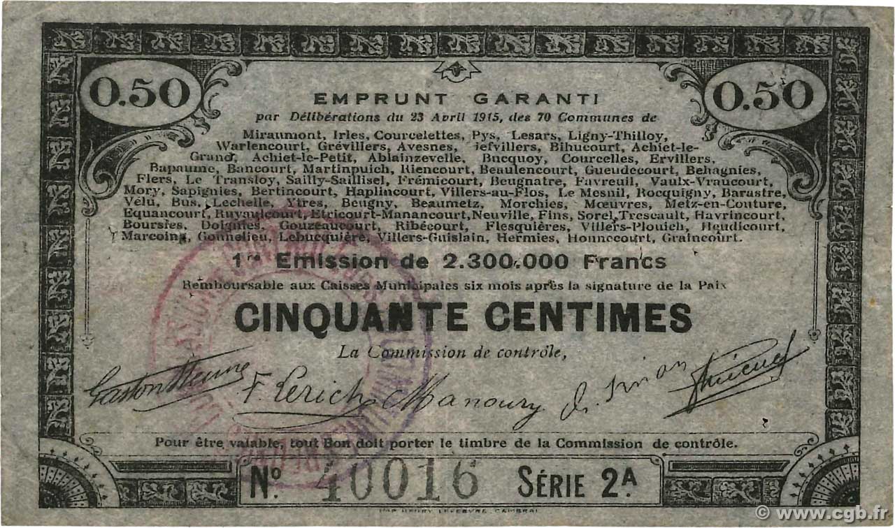 50 Centimes FRANCE regionalismo y varios 70 Communes 1915 JP.62-0061 MBC