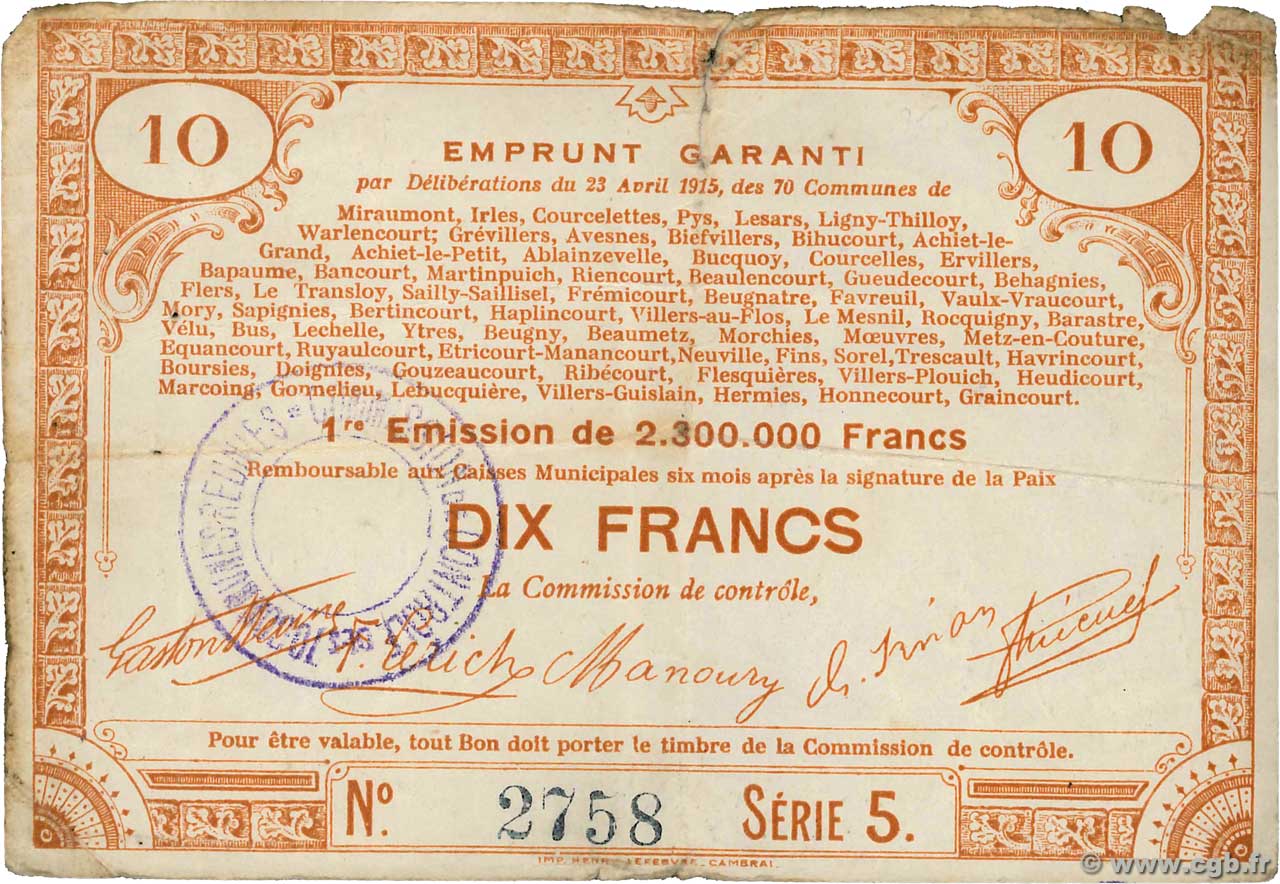10 Francs FRANCE régionalisme et divers 70 Communes 1915 JP.62-0064 TB