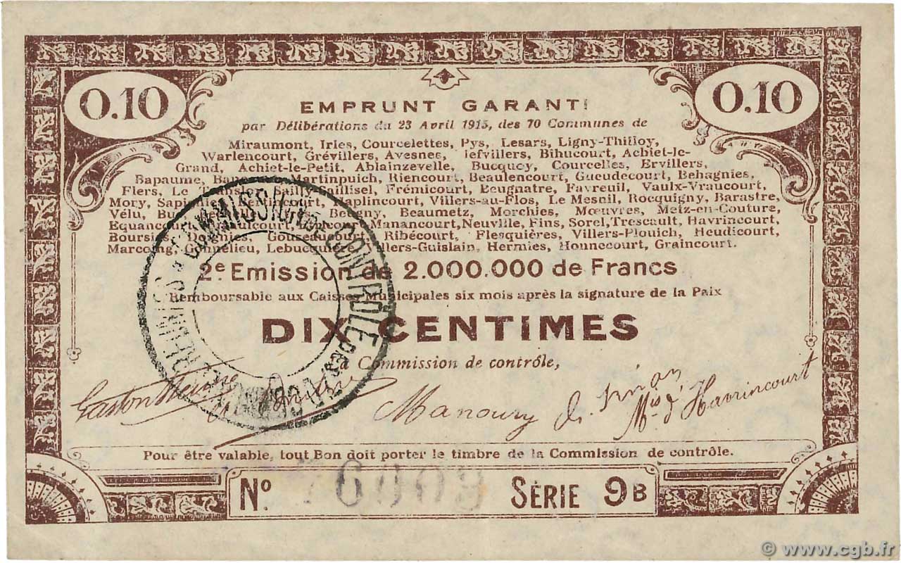 10 Centimes FRANCE régionalisme et divers 70 Communes 1915 JP.62-0067 SUP