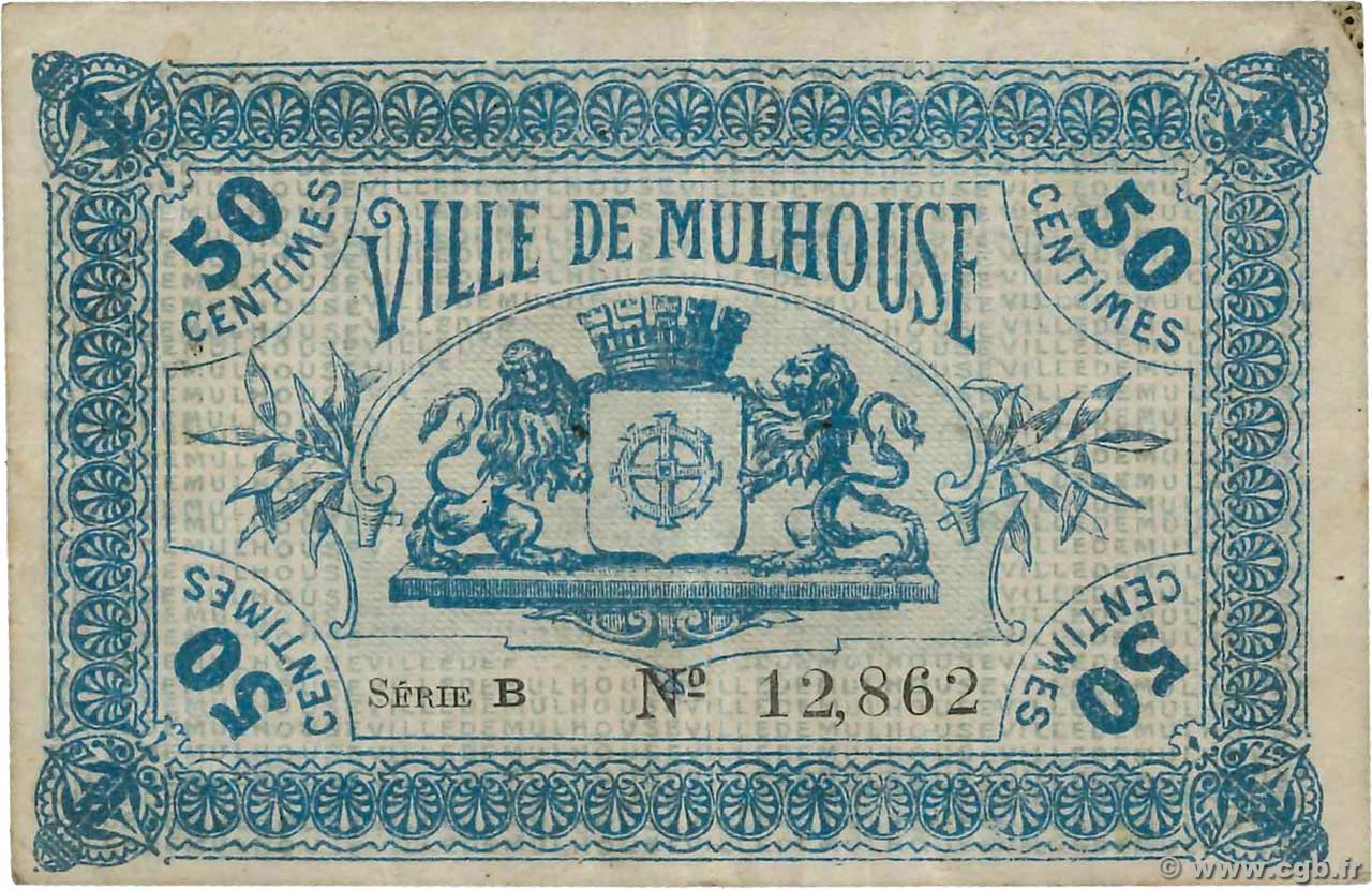 50 Centimes FRANCE regionalism and miscellaneous Mulhouse 1918 JP.68-291var VF