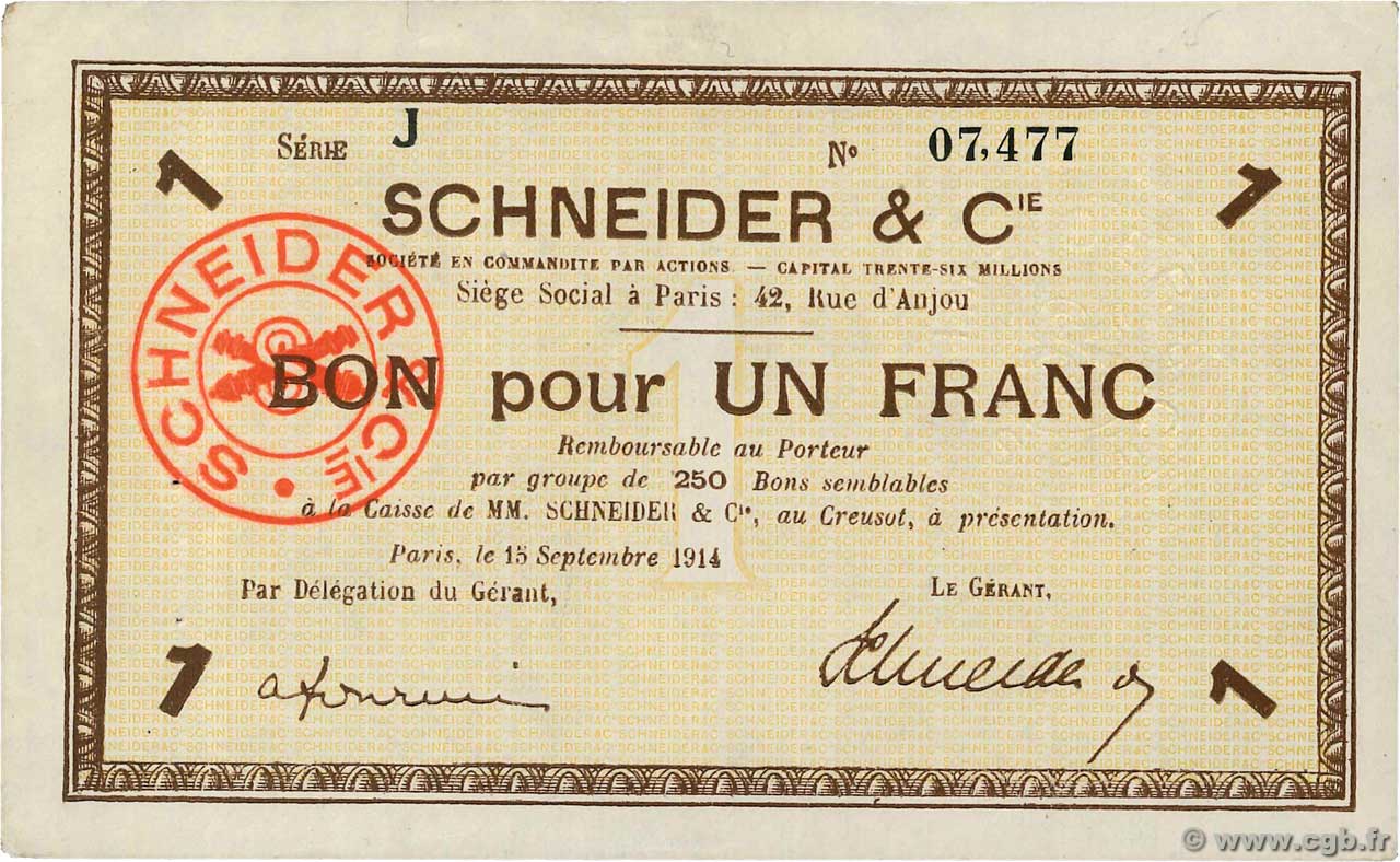1 Franc FRANCE regionalismo e varie Le Creusot 1914 JP.71-05 SPL